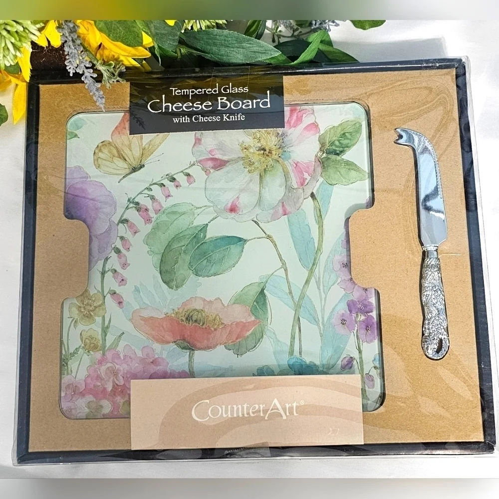 Counter Art Rainbow Seeds Square Tempered Glass Cheese Board with Cheese Knife